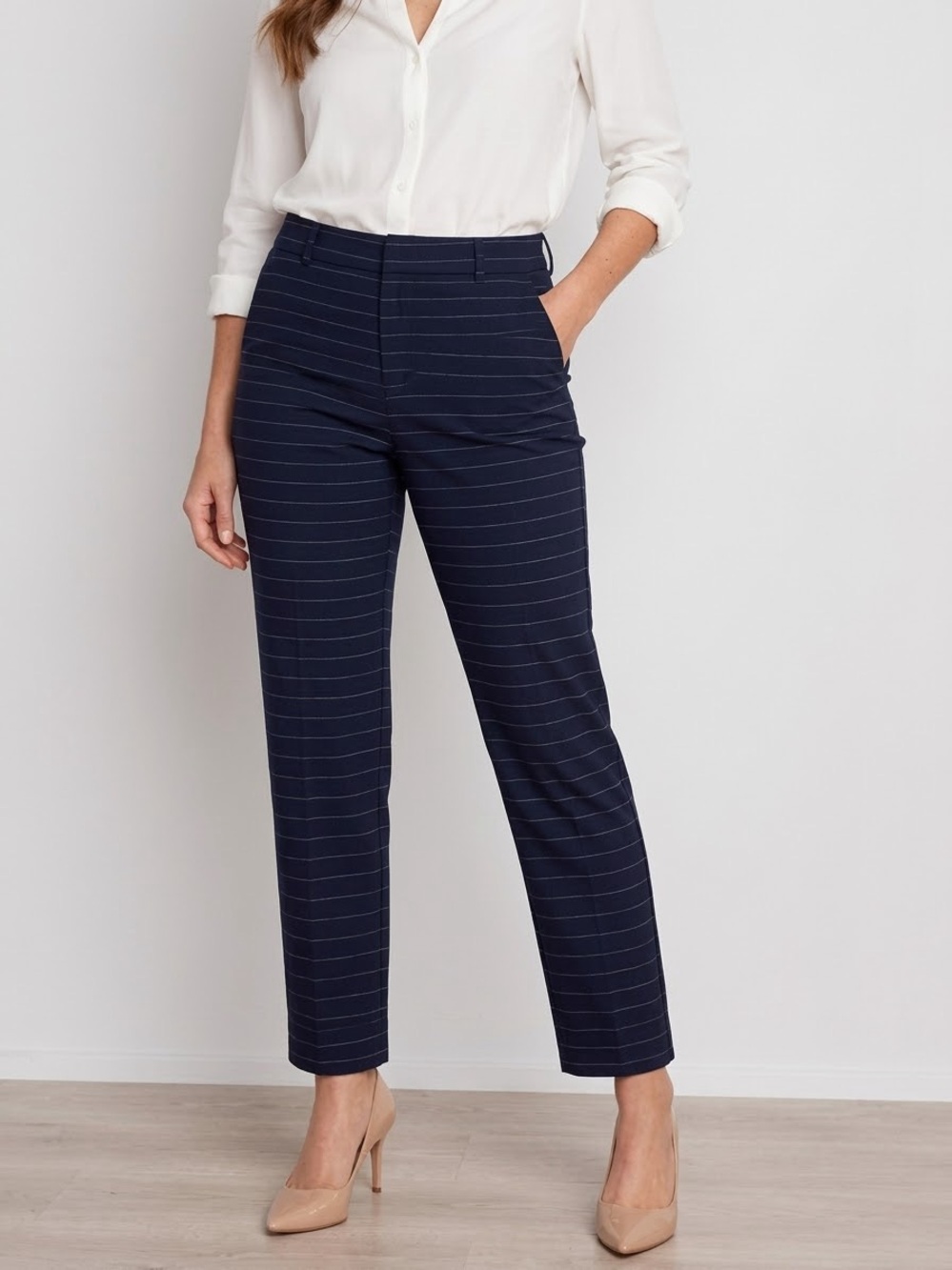 BANANA REPUBLIC Ryan Trouser In Navy Blue with White Horizontal Pinstripe | 12